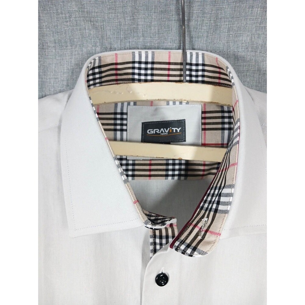 NEW Men's L 100% Cotton Button Up Short Sleeve Gravity Homme Curved Hem Shirt